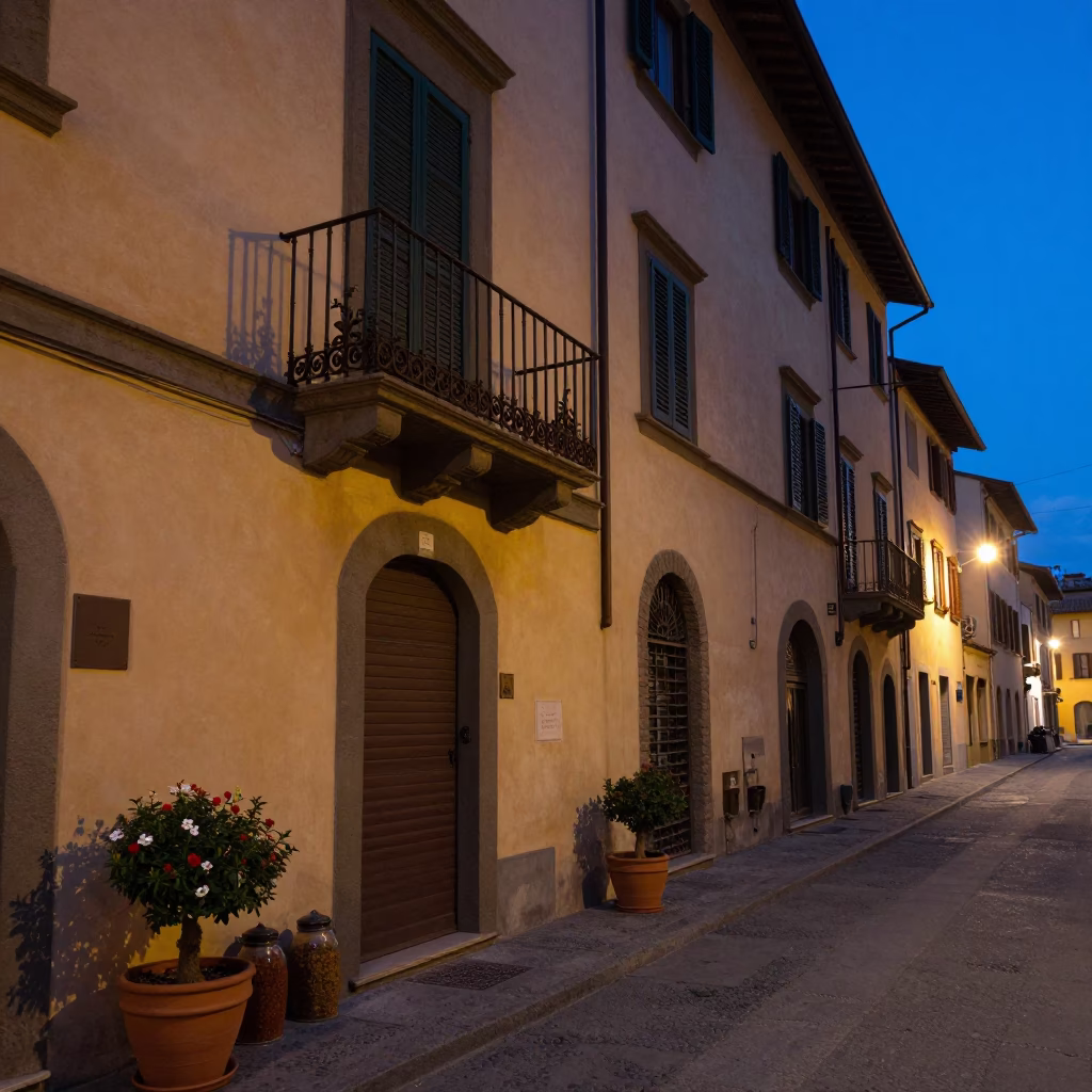 Florence Twilight Street Scene with Flowerpot and Spice Jars on Balcony in in Florence, Italy