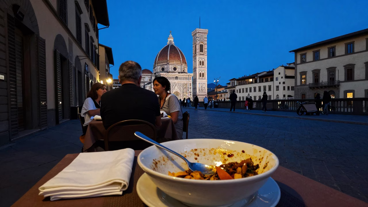 Florence Twilight Street Scene with Local Dining Elements and Urban Atmosphere in in Florence, Italy