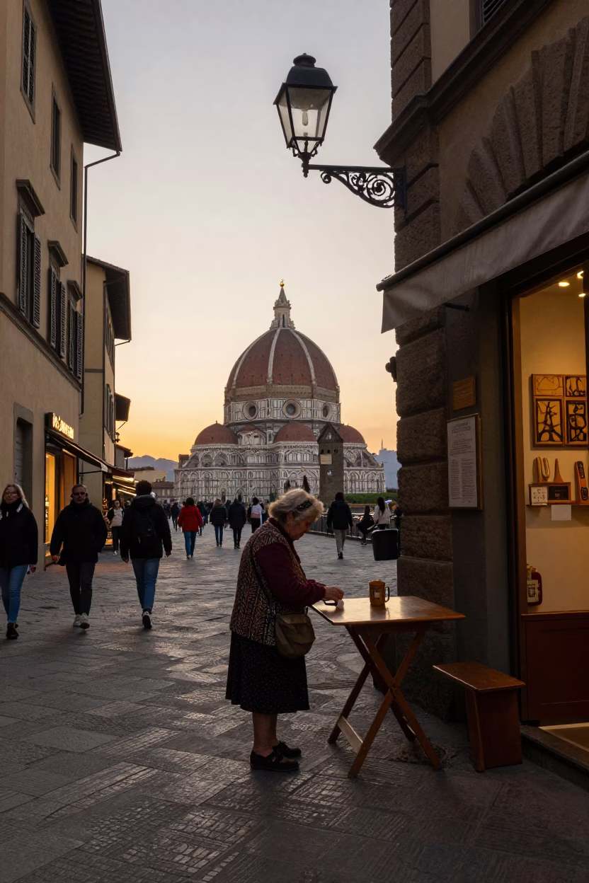 Florentine Evening Street Scene with Rolling Pin and Wicker Basket in in Florence, Italy