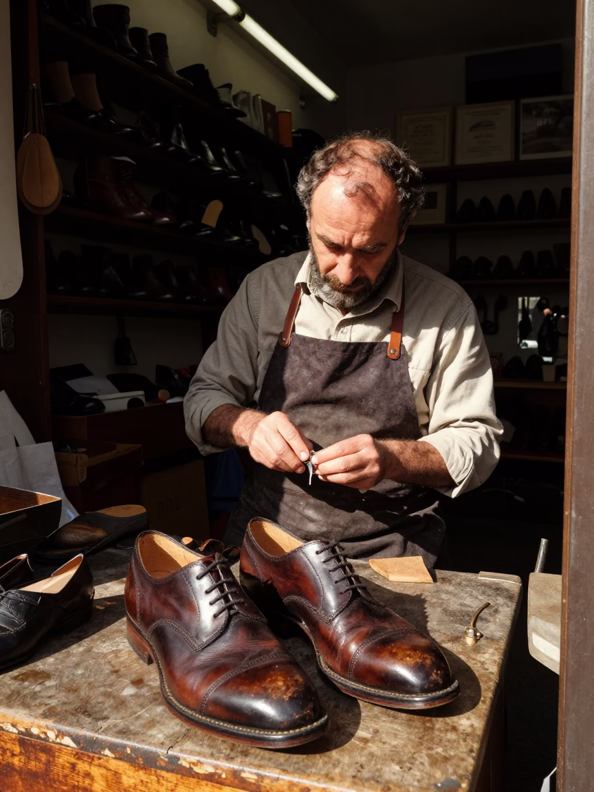 Florentine Shopkeeper Polishing Leather Shoes in Early Afternoon Sunlight in in Florence, Italy
