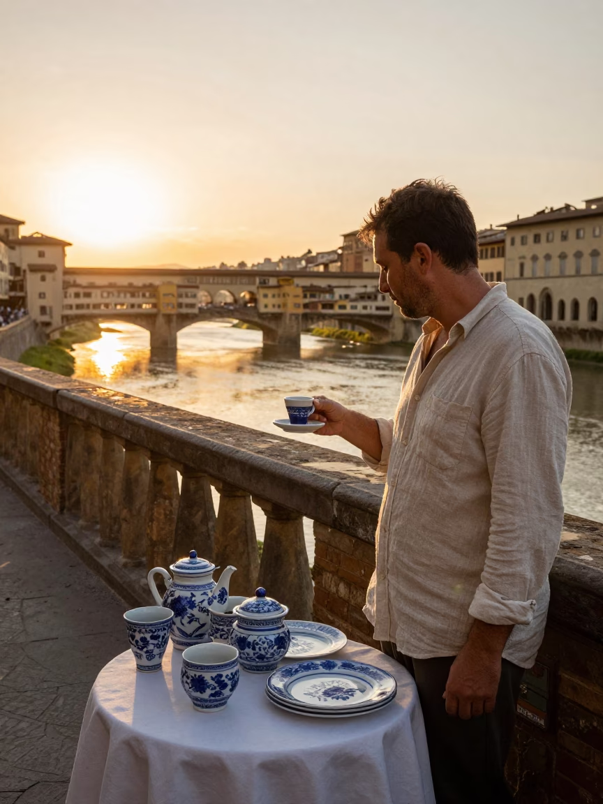 Florentine Street Vendor Serving Blue and White Porcelain Cup of Espresso at Sunset in in Florence, Italy