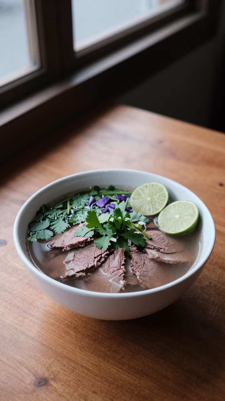 Flores Pho Tai Bowl with Herbs and Lime Wedges in on a restaurant table in Flores