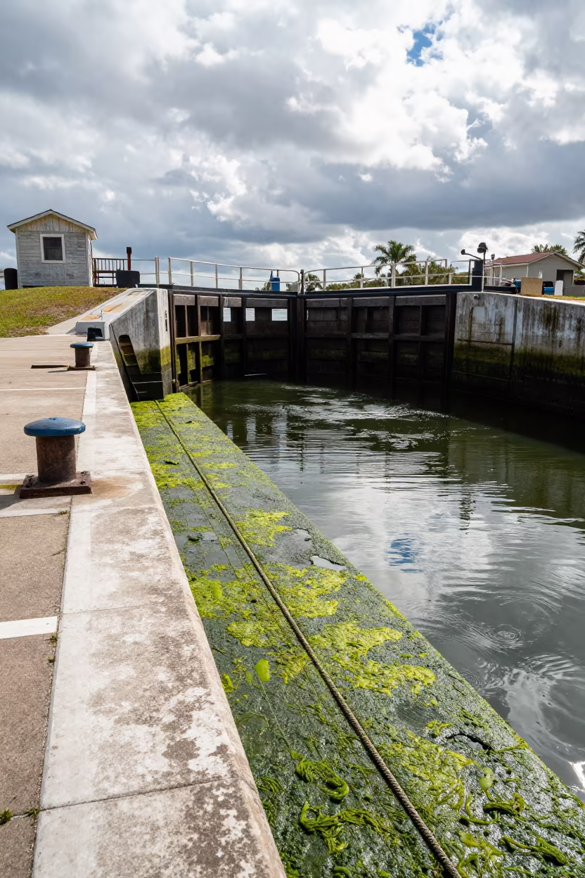Florida Lock Chamber Algae Slick Midmorning Light in at a canal lock chamber in Florida