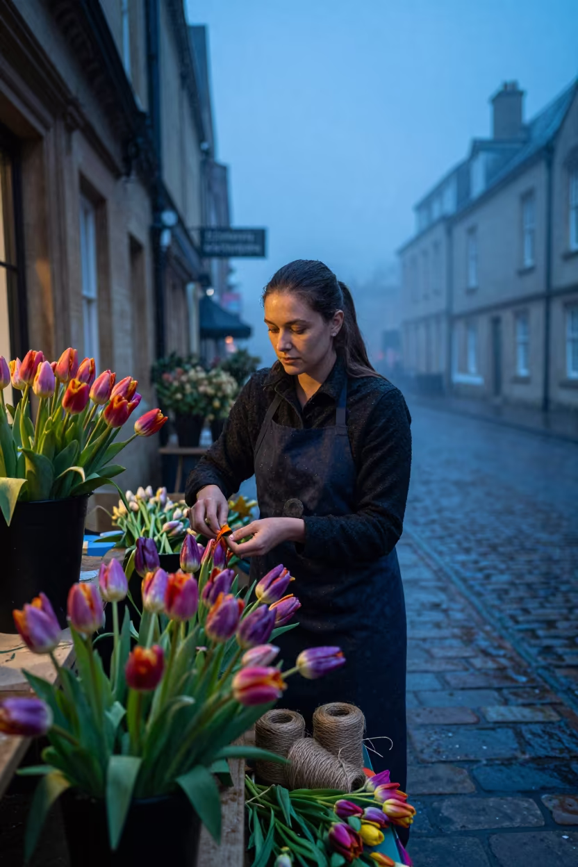 Florist Amidst Tulips in Oxford Twilight Mist in along a market lane in Oxford