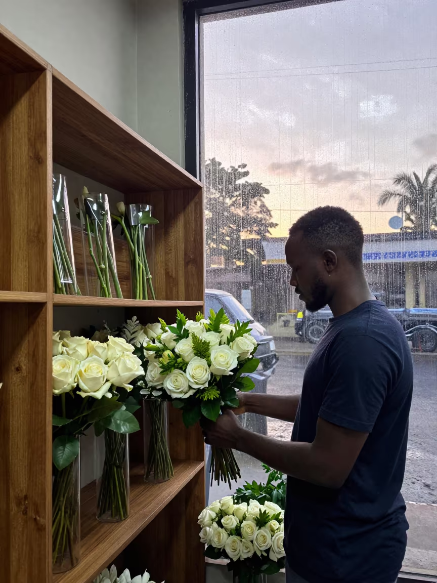 Florist Arranging Wedding Bouquet at Dawn in in Dar es Salaam