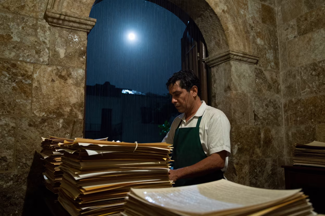 Florist Beside Folios in Moonlit Stone Room in in Cartagena