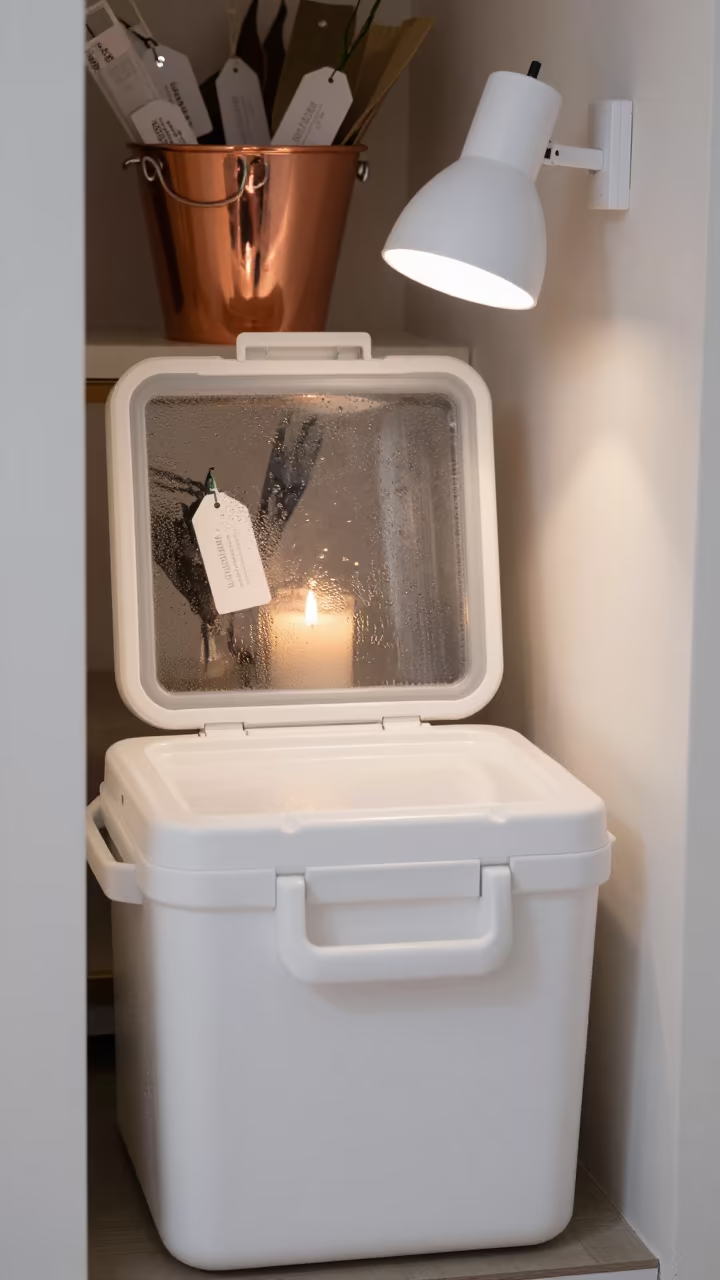 Florist Cooler Condensation Before Dawn in Porto Amboim in inside a fitting room corridor near Porto Amboim