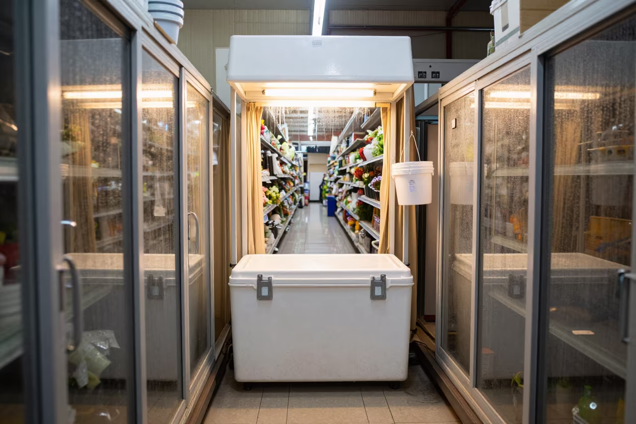 Florist Cooler Monsoon Noon Kandhkot in inside a bright retail aisle in Kandhkot
