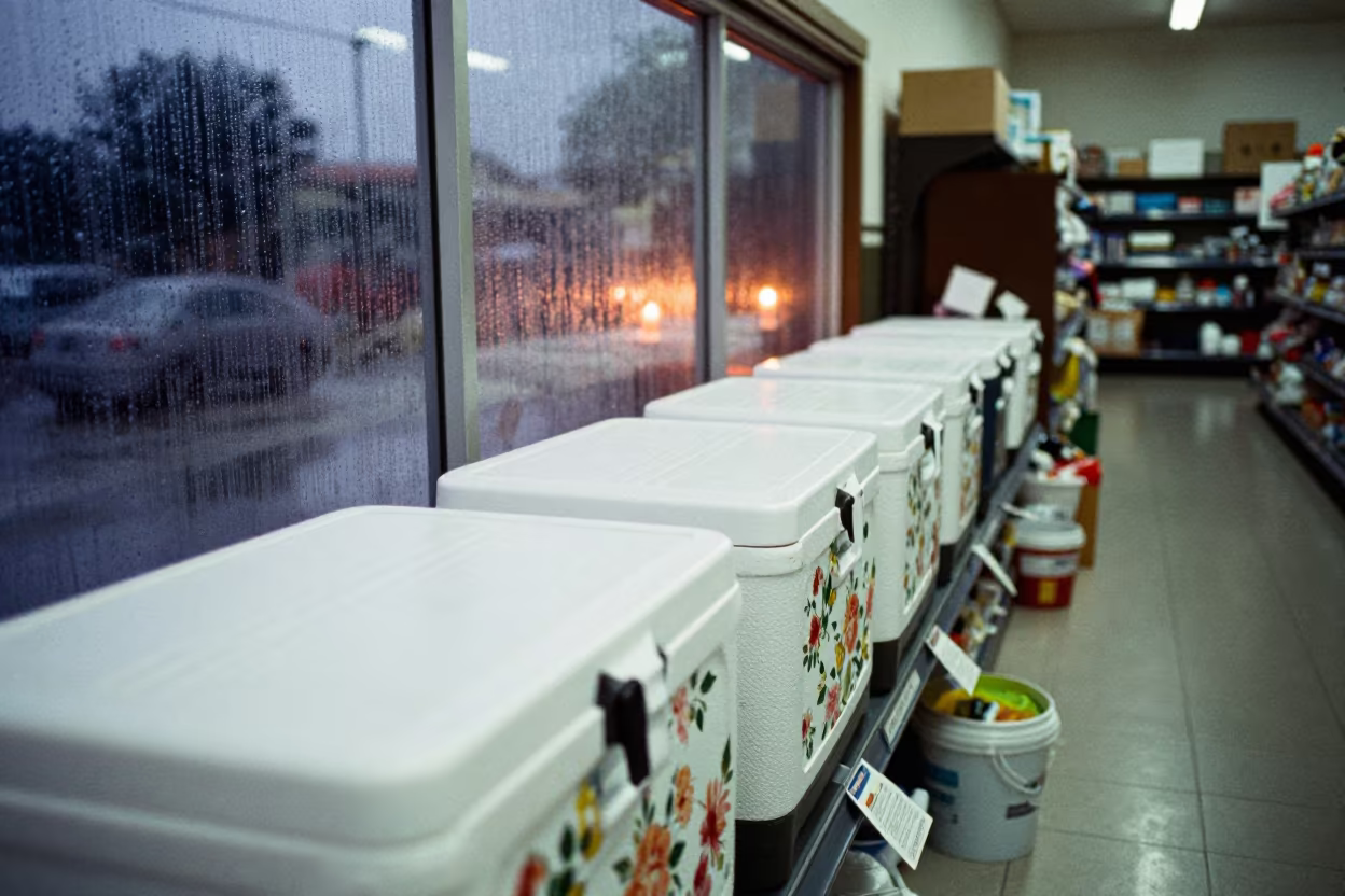Florist Cooler Predawn Glow M'Bour in inside a bright retail aisle near M'Bour