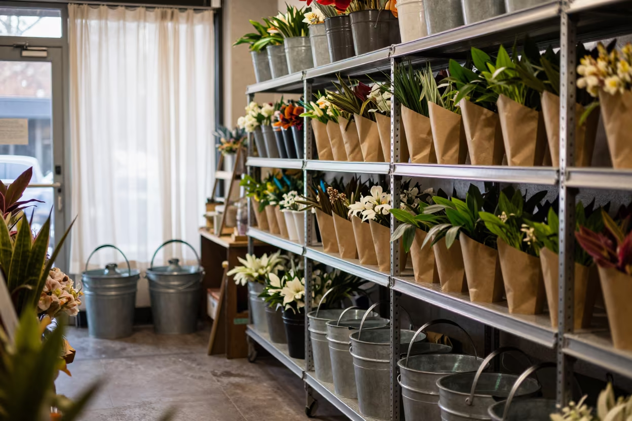 Florist Cooler Shelf at Dawn in Shiraz in inside a storefront prepared for opening in Shiraz