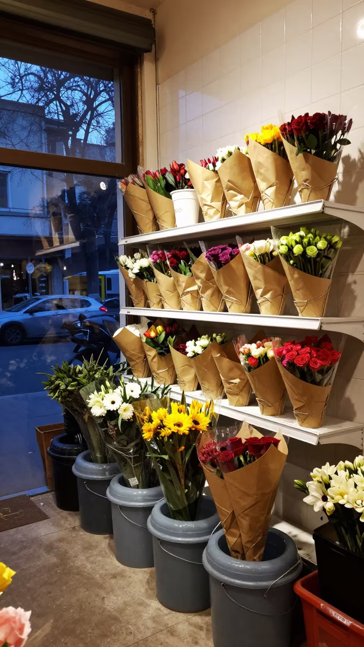 Florist Cooler Stems After Blue Hour in Quetta in at a checkout lane under flat store light in Quetta