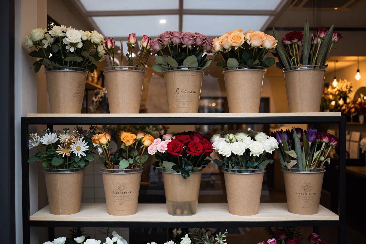 Florist Cooler Stems Under Overcast Skylight in along a front-of-store display run in Anaco