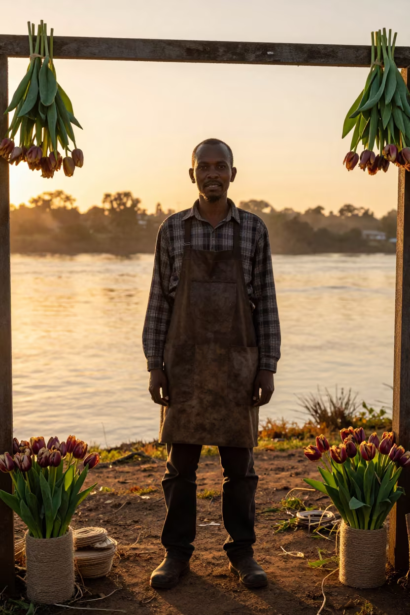 Florist Framed by Tulips and Twine at Golden Hour in near a riverside landing in Lobamba