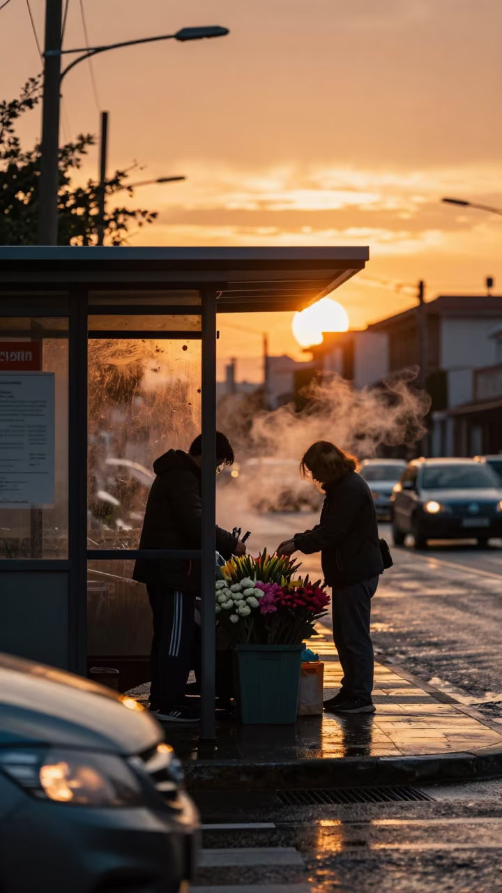 Florist Packing Up Amidst Amber Sunset Wind in beside a steamed-up bus shelter in Valera