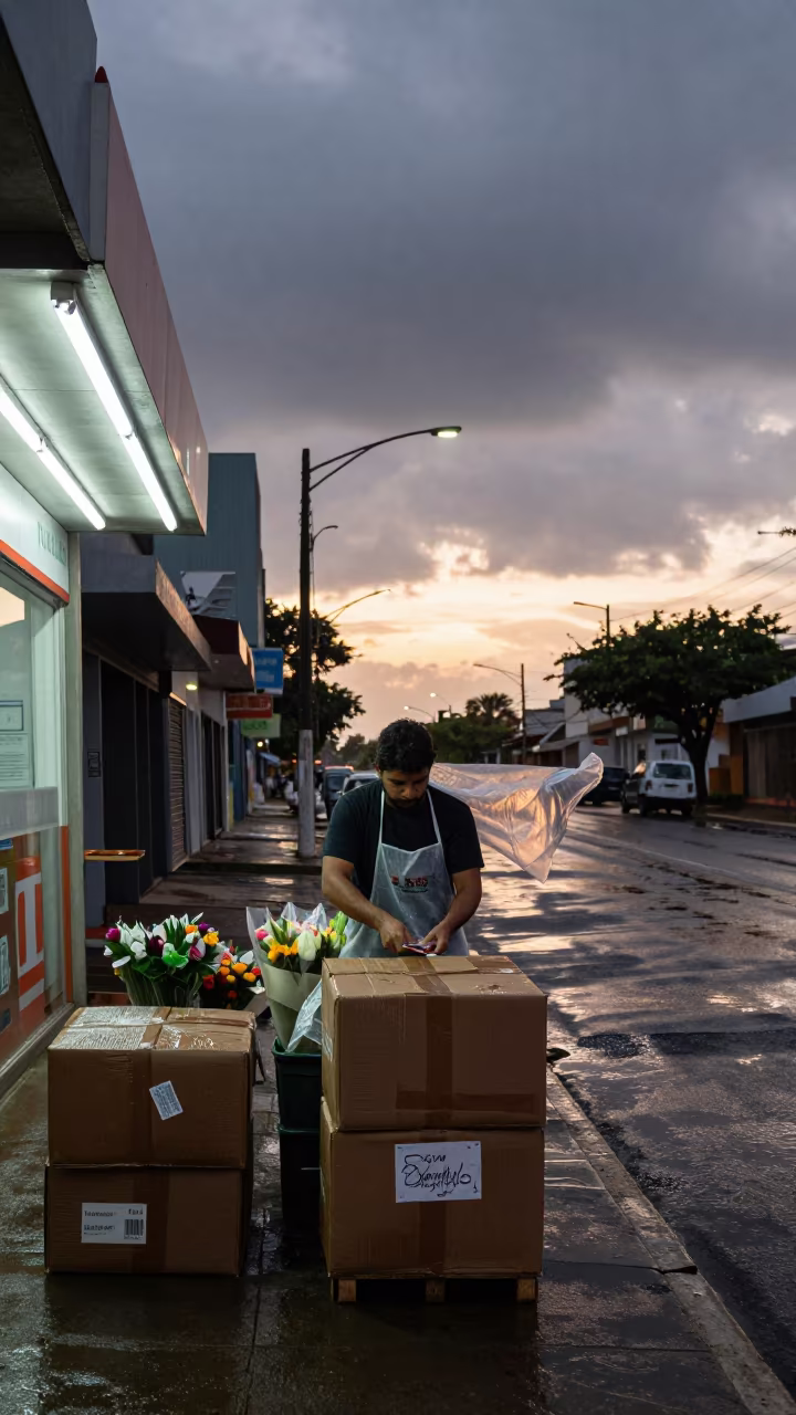 Florist Packing Up in Goiania Dawn Wind in outside a fluorescent convenience store in Goiania