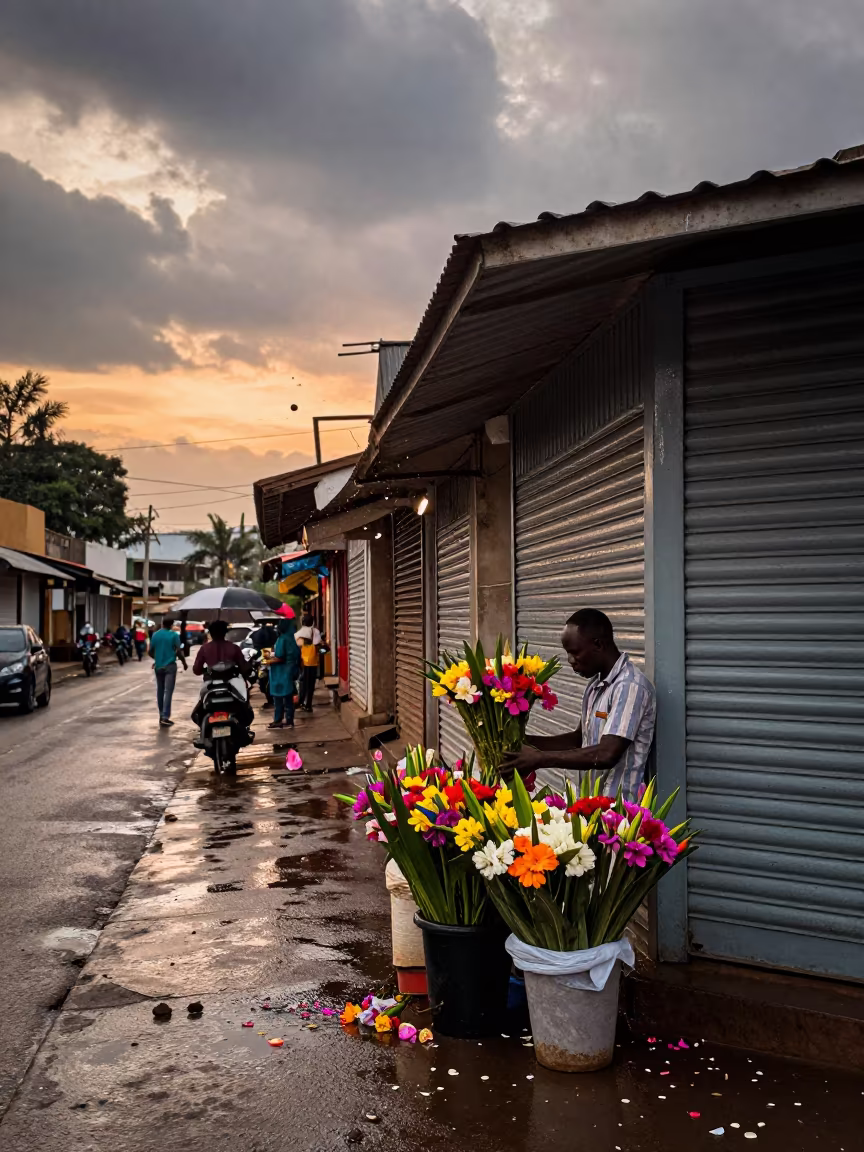 Florist Packing Up at Kinshasa Street Corner in along a shuttered arcade in Kinshasa