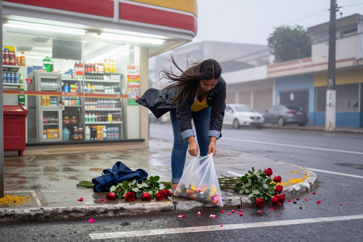 Florist Packing Stalls in Recife Wind in outside a fluorescent convenience store in Recife