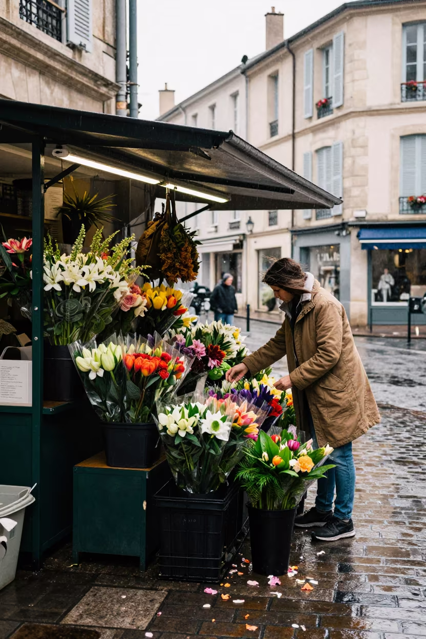 Florist Packing Up in Aix-en-Provence Rain in by a rain-darkened kiosk in Aix-en-Provence