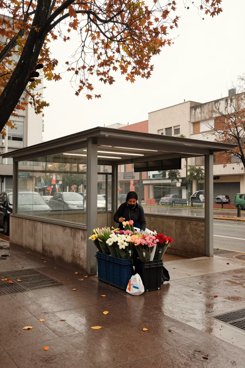 Florist Packing Up at Avellaneda Metro Before Dawn in outside a metro entrance in Avellaneda