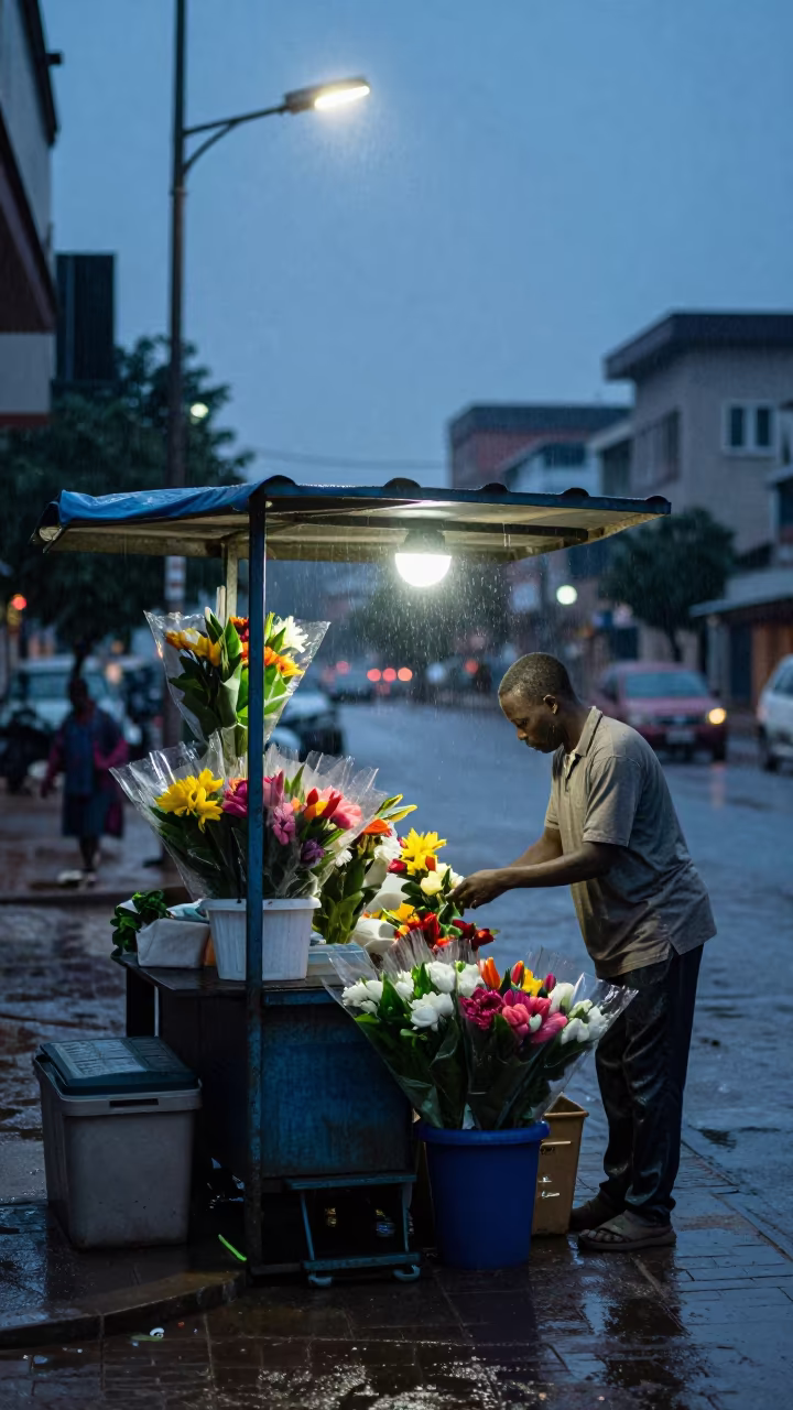 Florist Packing Up Under Flickering Street Light in beneath a flickering underpass light in Ilorin