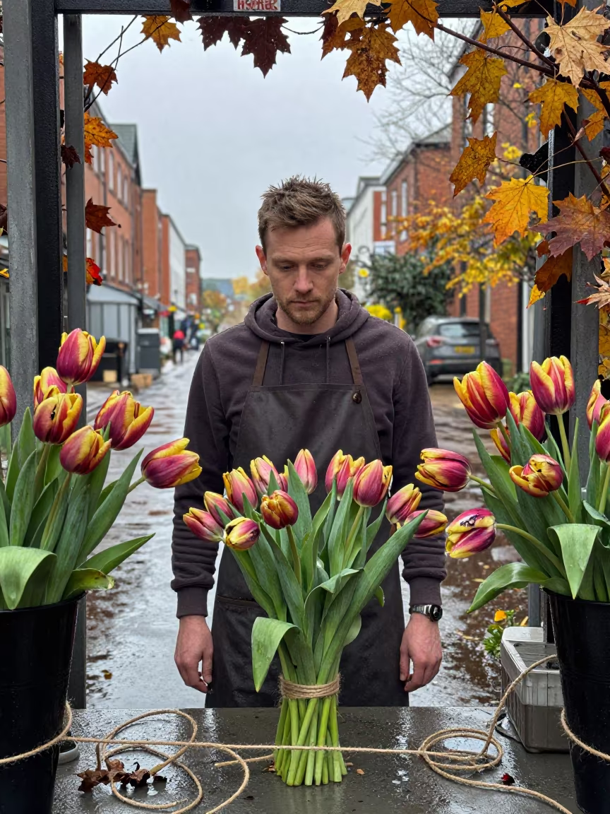 Florist Portrait Amid Bruised Autumn Tulips in near Belfast
