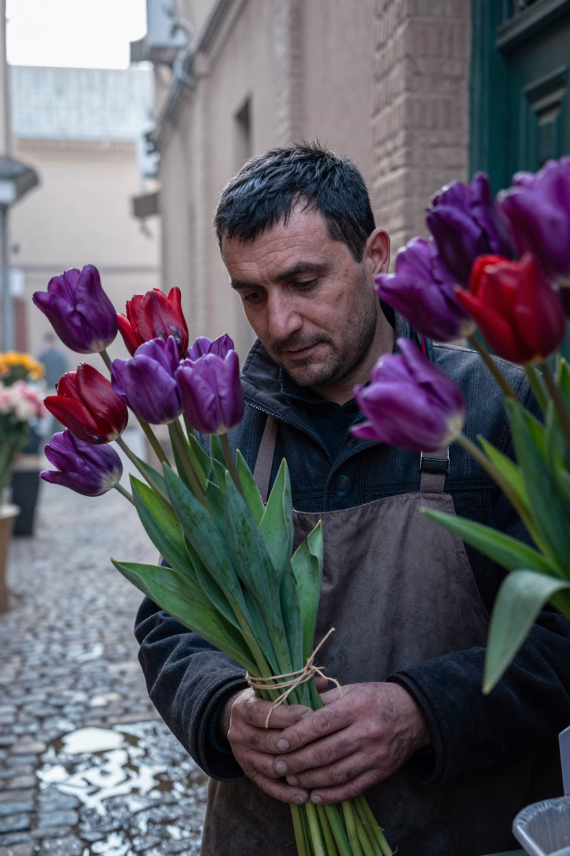 Florist Portrait Framed by Bruised Tulips in in the old quarter in Urumqi