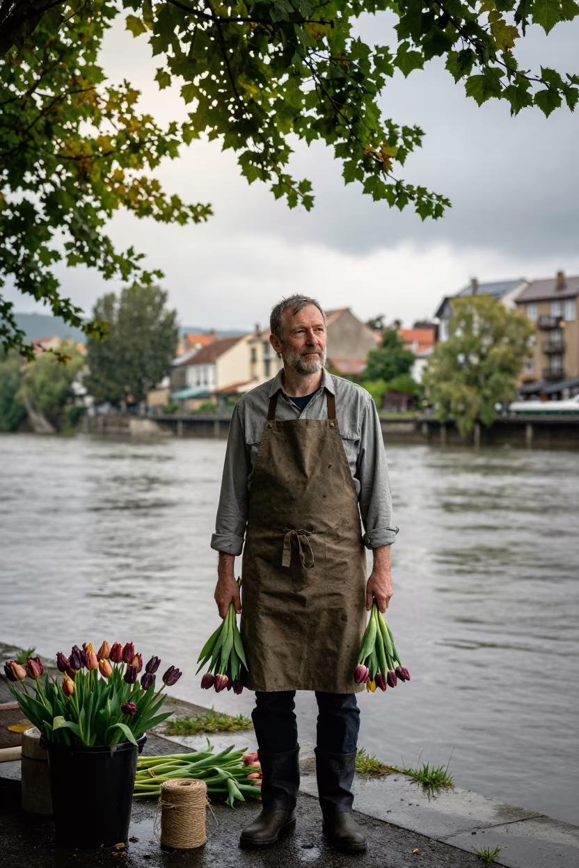 Florist Portrait Framed by Tulips and Twine in near a riverside landing in Vitoria