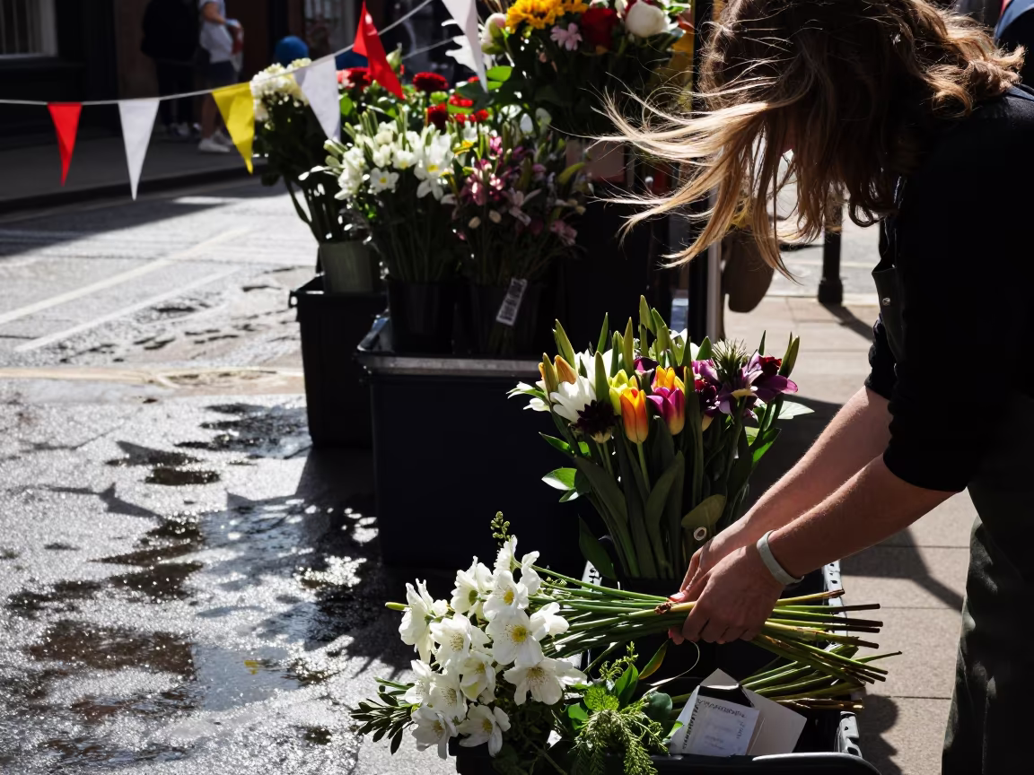 Florist Trimming Stems at Preston Waterfront Stall in near Preston