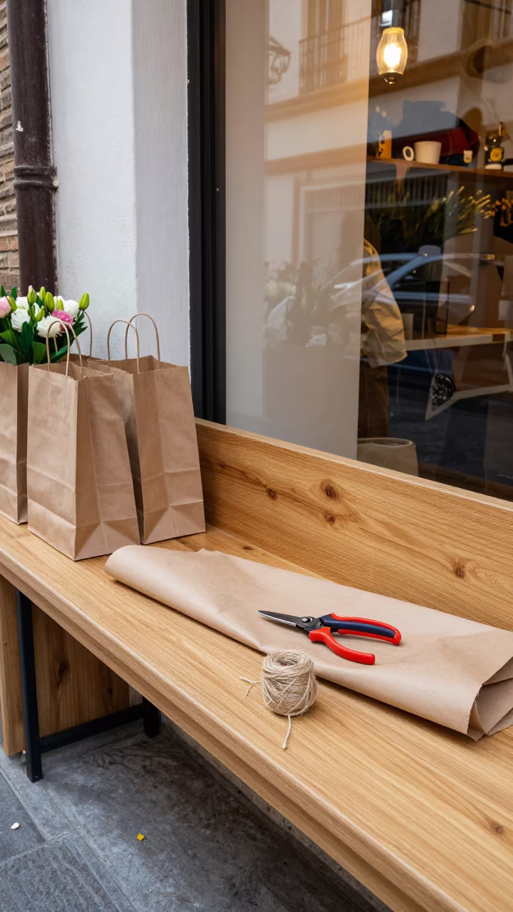 Florist Wrapping Bench in Granada Shop in at a cash wrap counter with bags stacked nearby in Albaicin, Granada