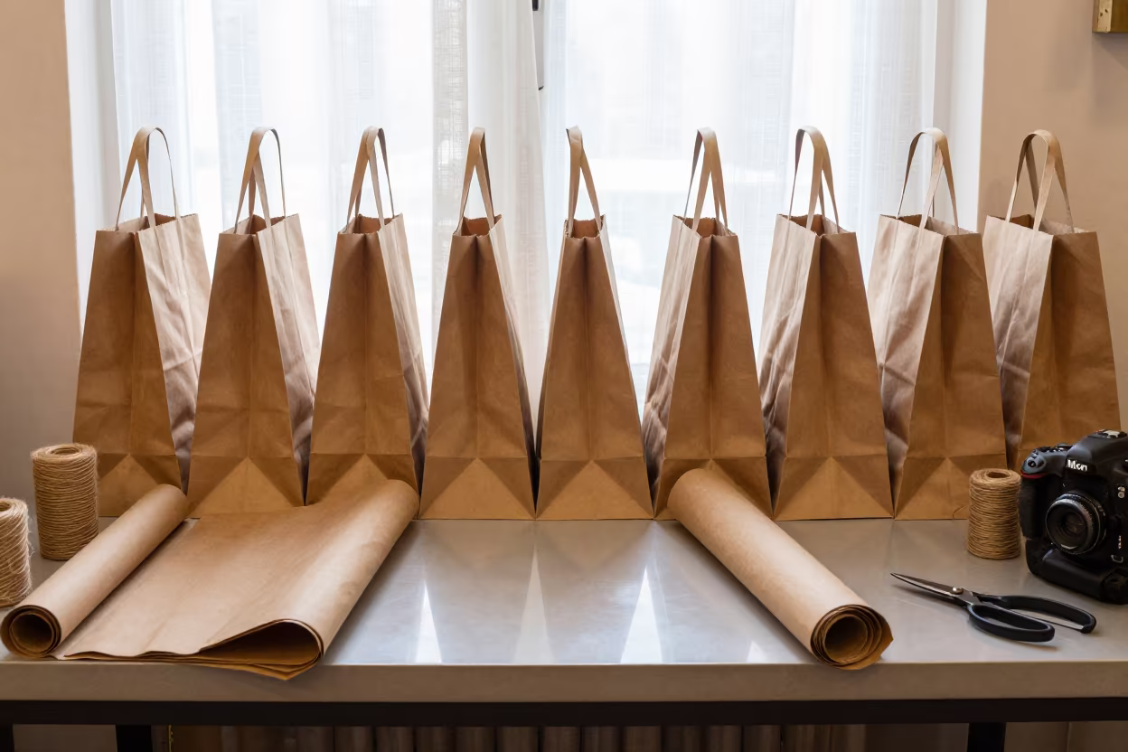 Florist Wrapping Bench with Kraft Paper in Messina in at a cash wrap counter with bags stacked nearby in Messina