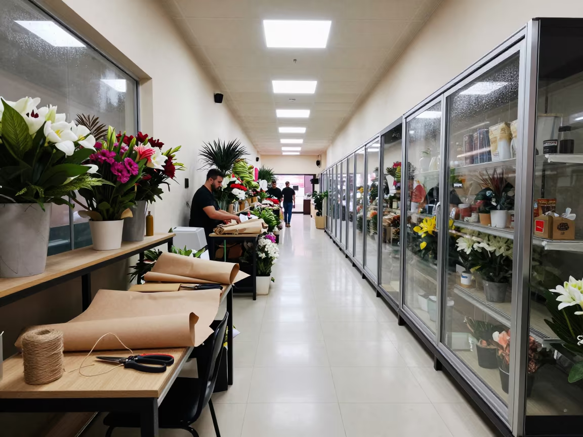 Florist Wrapping Bench in Riyadh Retail Aisle in inside a bright retail aisle near Riyadh
