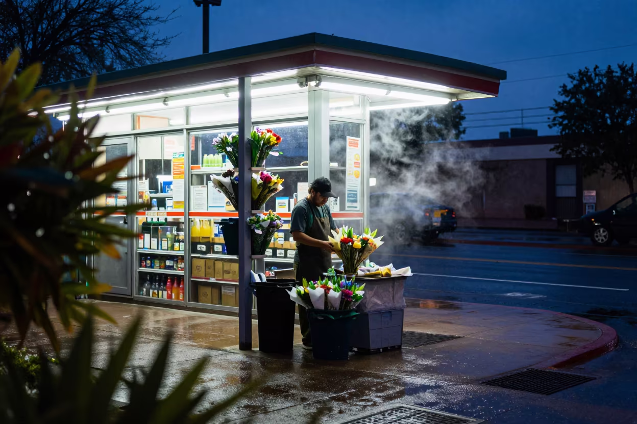 Florist Wrapping Bouquets at Tucson Bus Stop in outside a fluorescent convenience store in Tucson