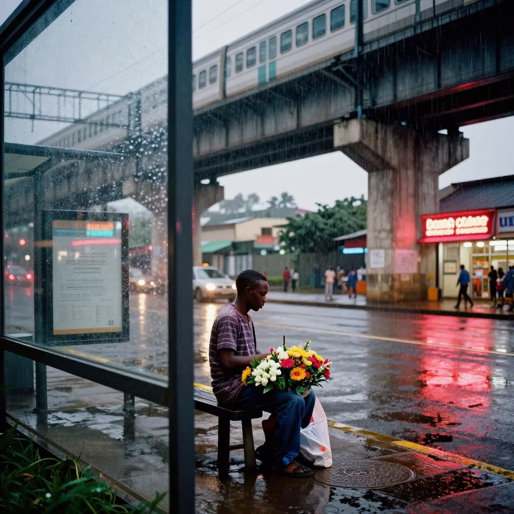 Florist Wrapping Bouquets Under Neon Train Tracks in under an elevated train line in Chililabombwe
