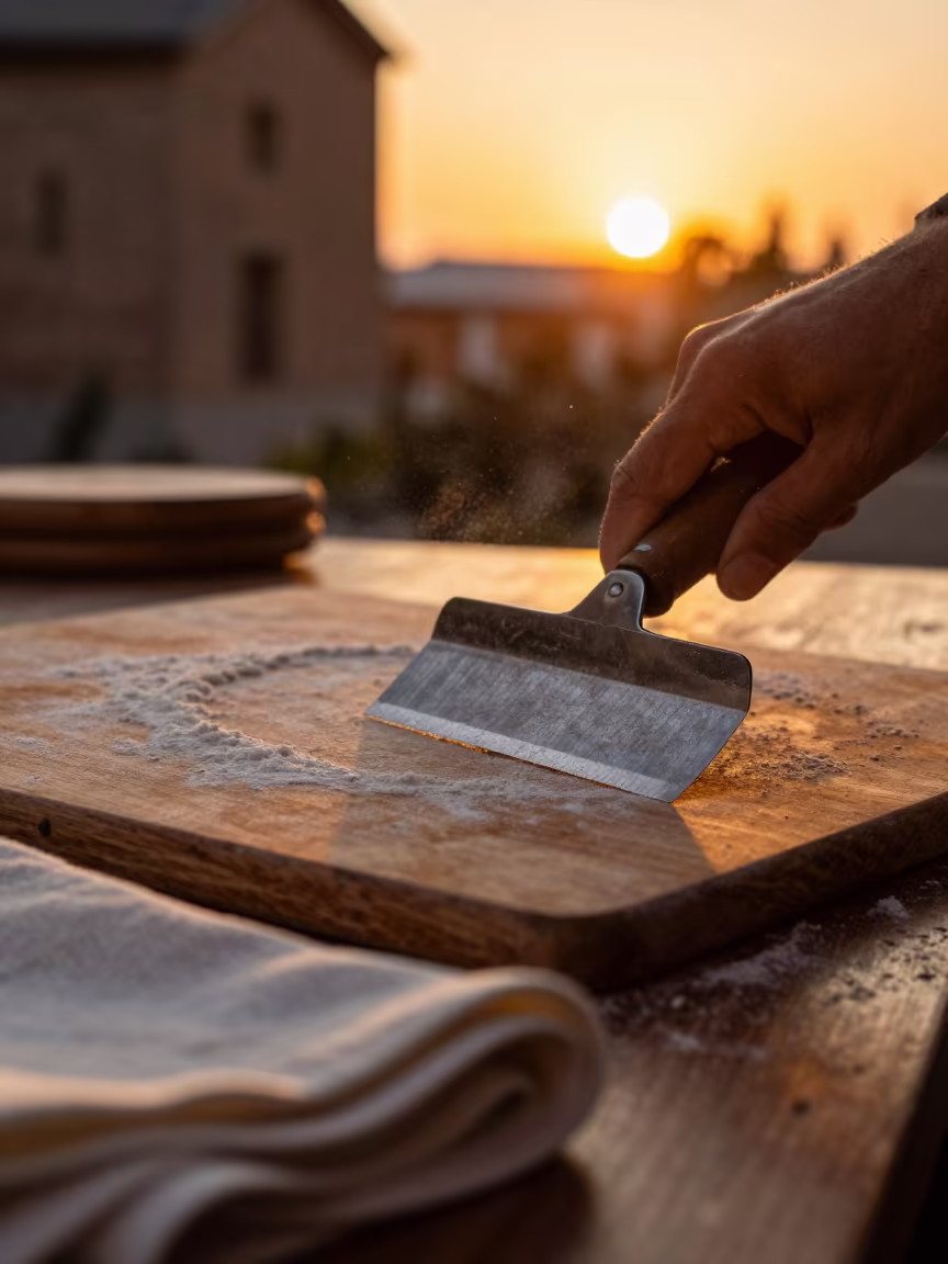 Flour Dust and Amber Light on Pastry Board in on a writing desk near Erzurum