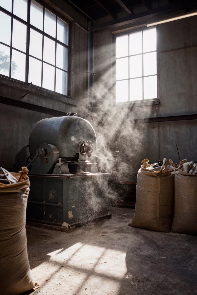 Flour Dust Motes in Low Angle Industrial Hall in inside a tea-processing hall near Jean-Talon Market, Montreal