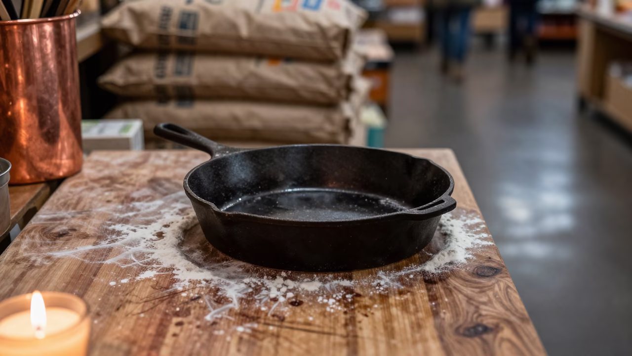 Flour Dust Skillet on Quetta Butcher Block in on a grocer's counter with stacked paper sacks near Quetta