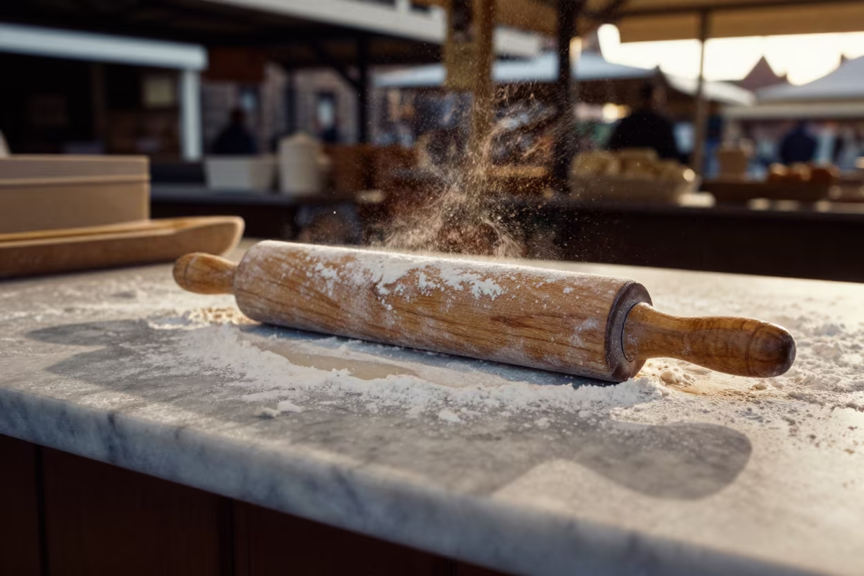 Flour Dusted Wooden Rolling Pin on Marble in on a wooden shelf inside a covered market near Bremen