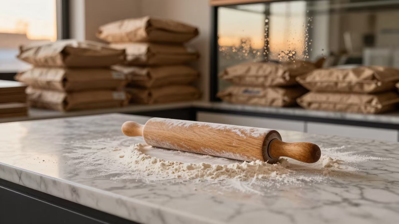 Flour Dusted Rolling Pin on Rosario Grocer Counter in on a grocer's counter with stacked paper sacks in Rosario