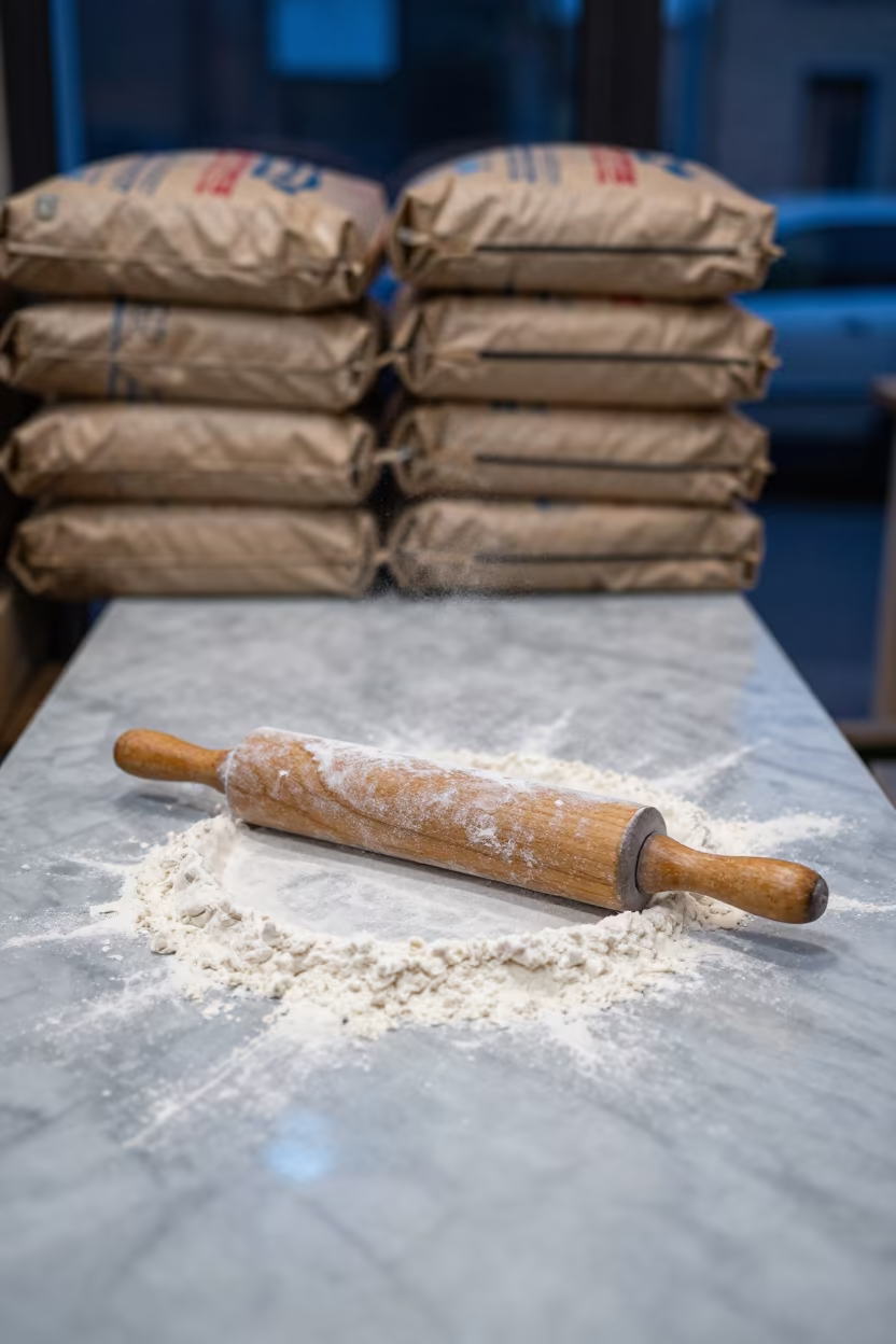 Flour Dusted Wooden Rolling Pin on Marble Counter in on a grocer's counter with stacked paper sacks near Prizren