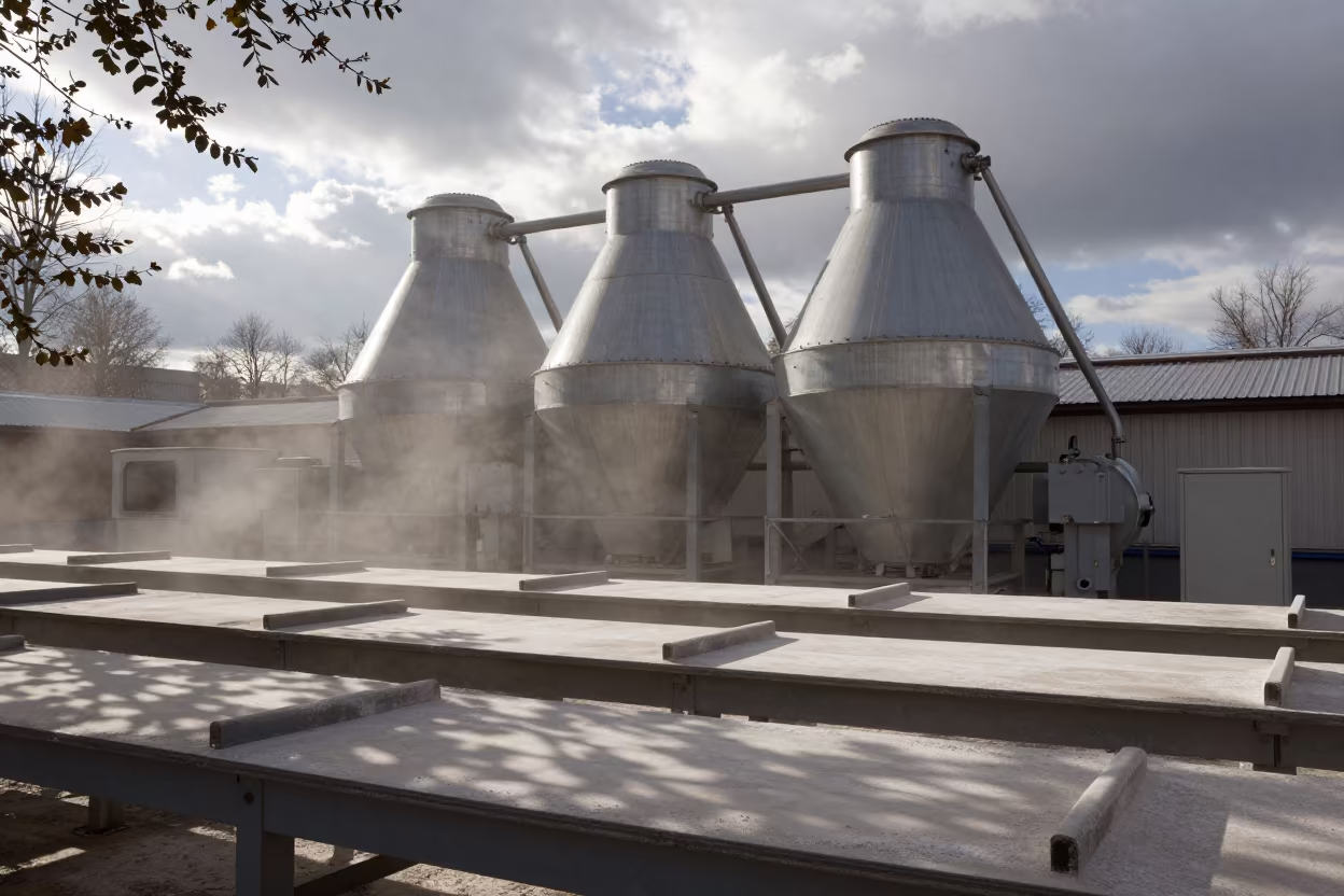 Flour Mill Dust in Late Afternoon Light in along a food-processing floor with sorting tables in Asturias