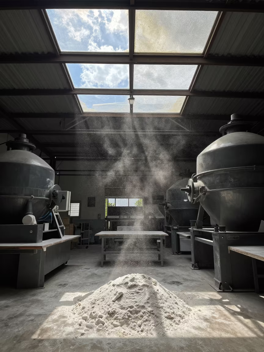 Flour Mill Midday Dust in Quezon City Skylight in along a food-processing floor with sorting tables in Quezon City