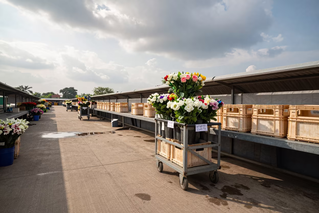 Flower Auction Cart at Closing Time in Pakpattan in at a flower auction bench in Pakpattan