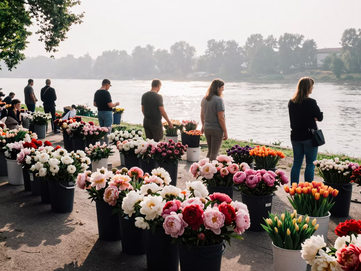 Flower Auction Peonies Tulips Riverbank Wroclaw in by a riverbank near Wroclaw