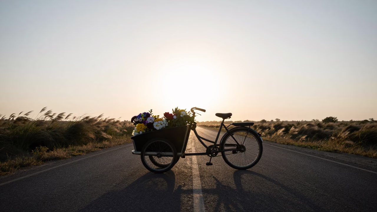 Flower Cargo Bike on Sierra Leone Causeway at Dawn in on a wind-open causeway in Sierra Leone