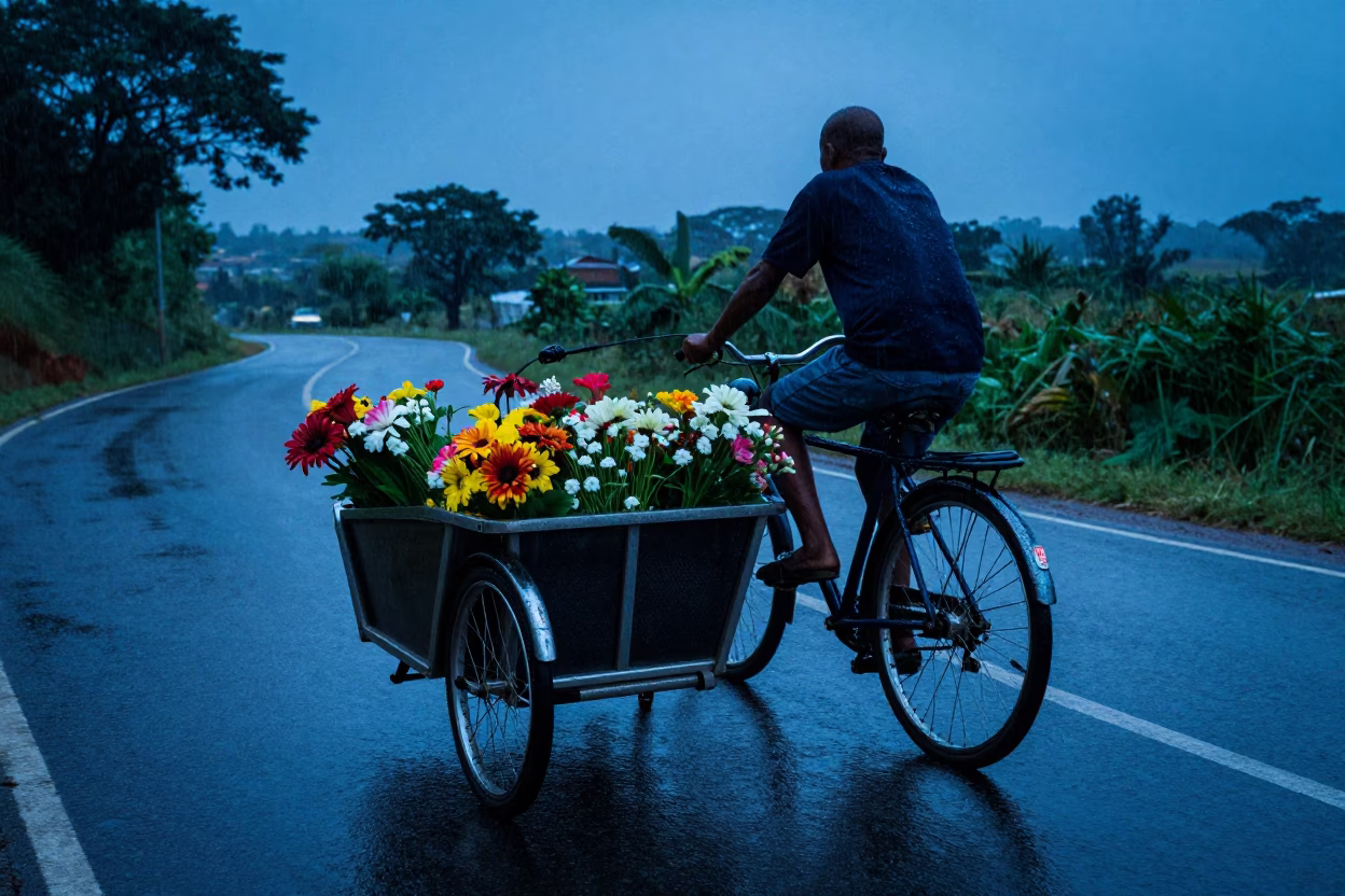 Flower Cargo Bike Wet Twilight Madagascar Road in along a switchback approach in Madagascar