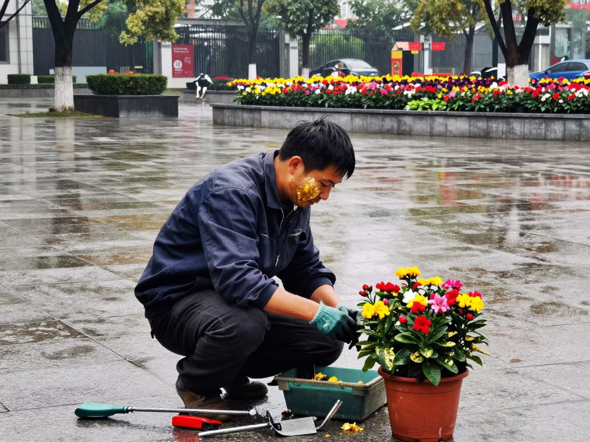 Flower Grower in Nanchang Square Amidst Late Spring Rain in at a public square in Nanchang