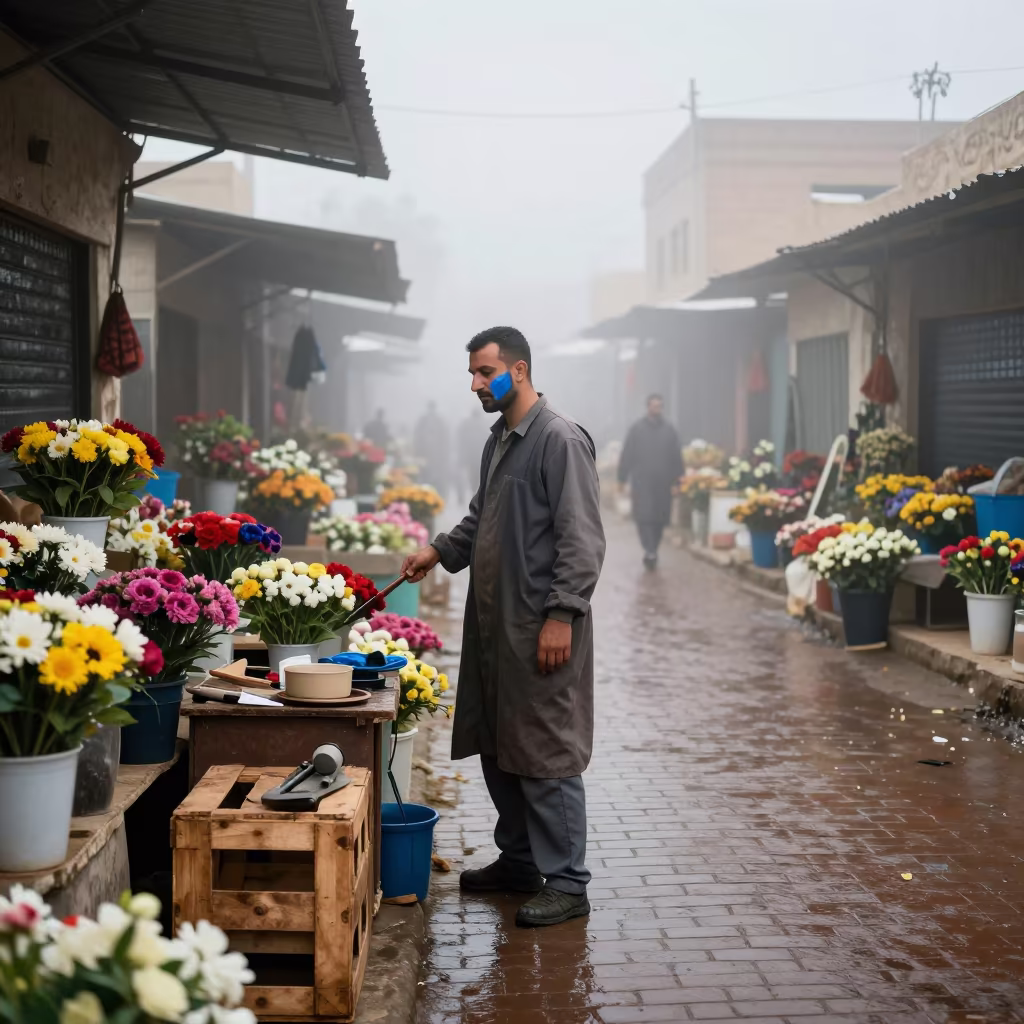 Flower Grower with Paint Stain in Misty Tanta Lane in along a market lane in Tanta