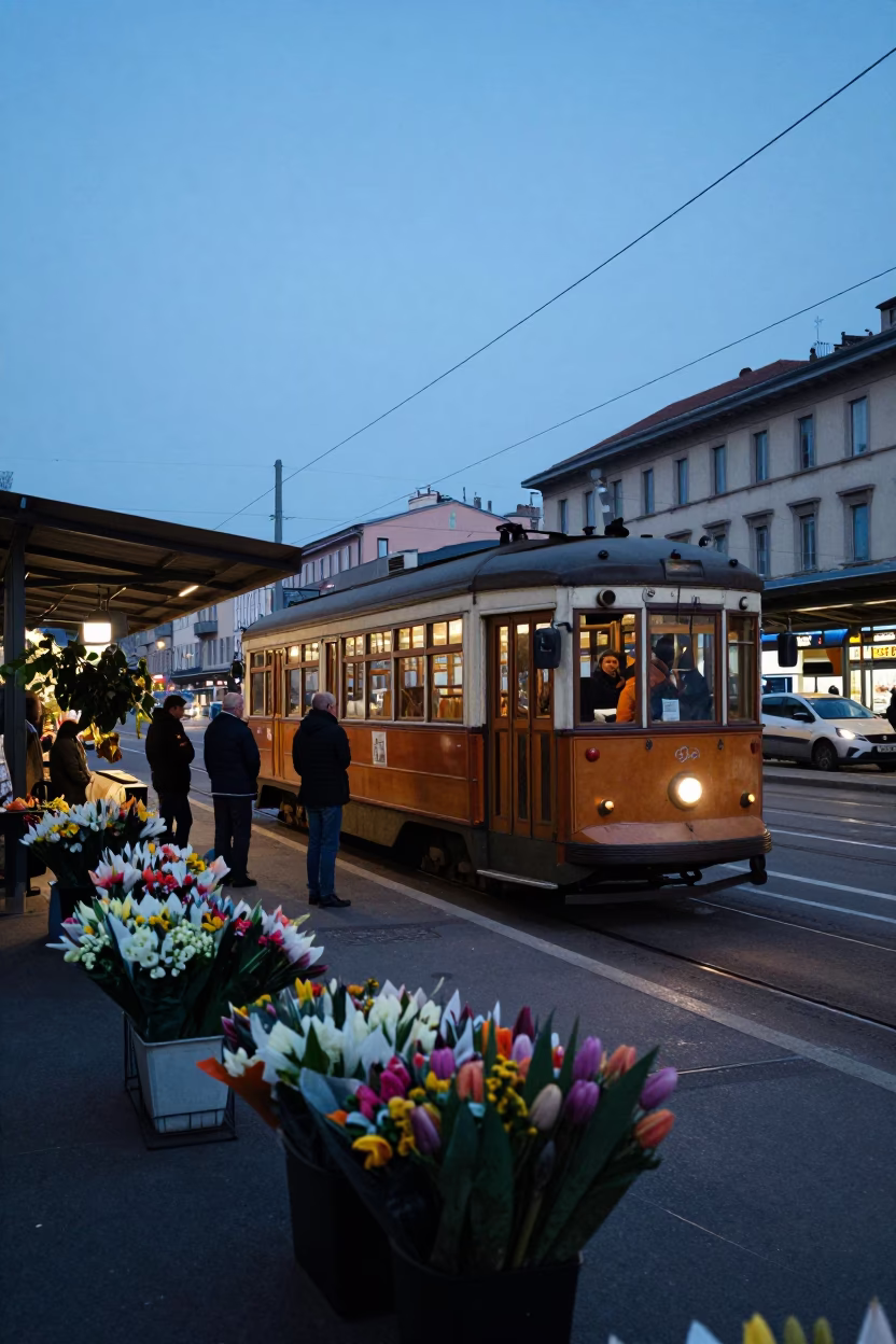 Flower Market in Milan at Sunrise Light in in Milan, Italy