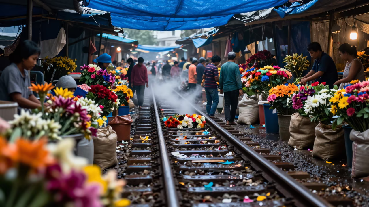 Flower Market Rail Iloilo Twilight Steam in in a covered bazaar aisle in Iloilo