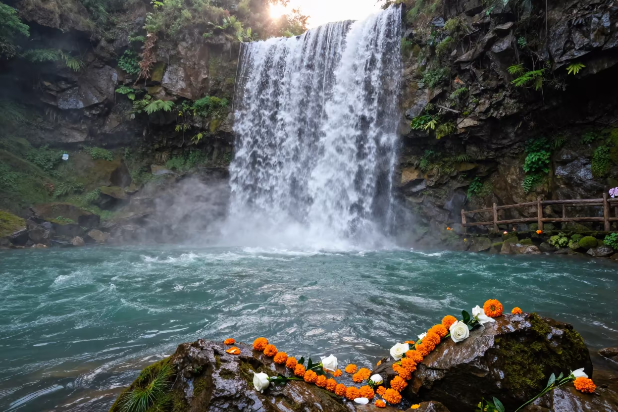 Flower Offerings at Sacred Waterfall Pool Georgia in at the edge of a sacred pool in Georgia